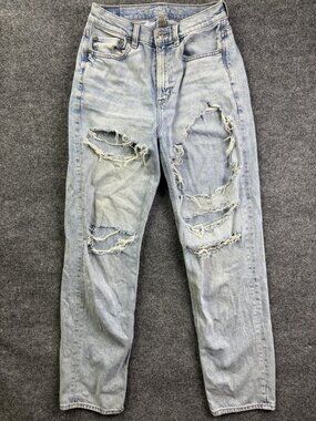 American Eagle Baggy Jeans Womens 4 Light Wash High Rise Distressed 28x29